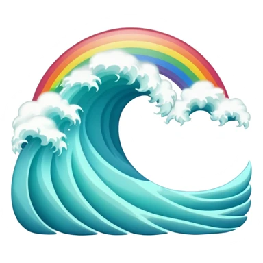 An ocean wave emoji with a rainbow emerging above it, representing peace and positivity after a storm. Minimal, glossy emoji design, vibrant yet calm color scheme. sticker