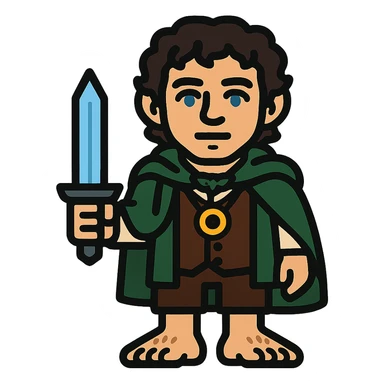 Whole body image of Frodo Baggins from the lord of the rings movie in pixel art style. Make Frodo look like the actor that portrayed him in the movie, Elijah Wood, blue eyes and dark curly hair. Frodo is wearing the same green elven cloak with the leaf buckle, brown vest, cream undershirt, dark brown leather short pants, and hairy hobbit feet. He is wearing a golden yellow ring on a necklace. he's also holding the same blue sword that bilbo is holding in the reference image. sticker