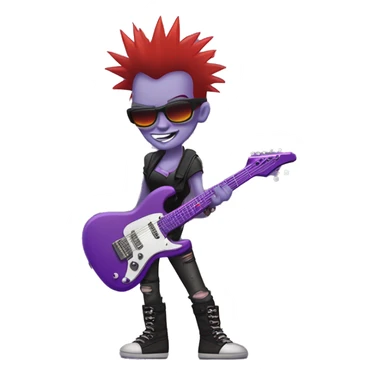 "Purple-skinned punk rock character with red mohawk hair, a mischievous grin, and edgy style. Holding a spiky electric guitar, wearing leather cuffs, ripped clothes, and fishnet stockings. Background is simple or transparent." sticker