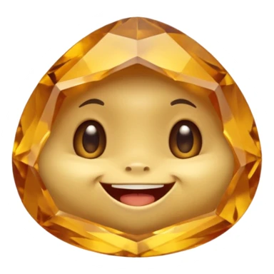 Single gemstone rock character, warm golden citrine, squat and heavy like a rock, with carved facets and tiny surface imperfections, cute round eyes and open smiling mouth, 3D game icon style, plain dark background, no other gems sticker