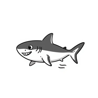 A black and white doodle of a shark, hand-drawn style, simple lines, no fill sticker