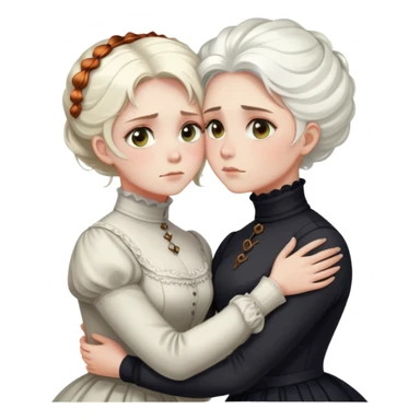 Two Victorian women with light eyes, one with bright white coiffed hair and one with dark copper coiffed hair, wearing Victorian turtleneck dresses, embracing each other in a sad, intimate hug sticker
