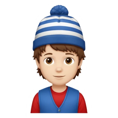 brown fluffy hair kid with blue and white hat dark blue jilet red t shirt sticker