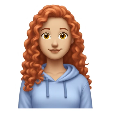 a white girl with long red curly hair, wearing a pastel periwinkle hoodie doing a pose sticker