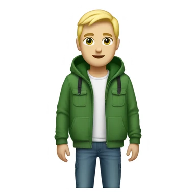 A tall guy with blonde hair, a little bit chubby but not much, green eyes, green cap and green hoodie with cargo jeans black sticker