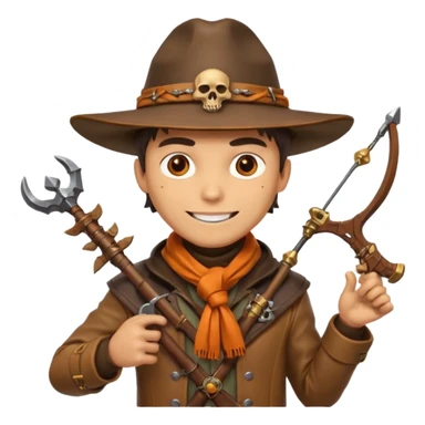 male human monster hunter emoji, wearing brown leather coat and wide hat, holding crossbow, with amulet shaped like skull, Halloween fantasy theme, confident smile, orange scarf, Apple emoji style, clean white background, square image sticker