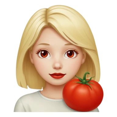 blonde girl, with a red face shaped as a tomato sticker