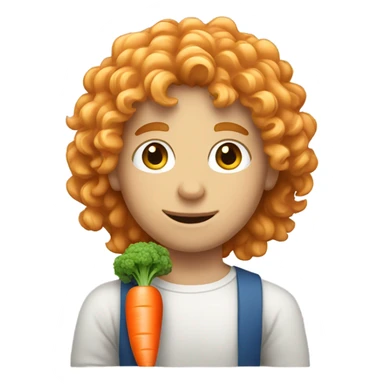White boy with curly long hair and he holding a carrot  sticker