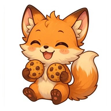 chibi anime style fox character, happy, holding cookies, cute, colorful, detailed sticker