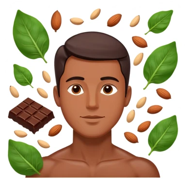 Relaxed male figure surrounded by floating foods: large pieces of shiny dark chocolate prominently displayed, with spinach leaves, almonds, and seeds. Soft light connecting these magnesium-rich foods to muscles and nervous system, showing a soothing effect on the man's body. sticker
