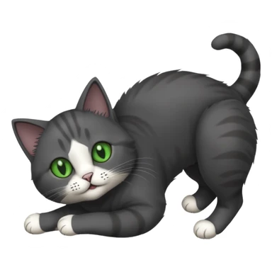 solid dark grey cat with green eyes, white toes/paws playfully rolling upside down sticker