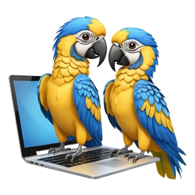 Two yellow and blue macaws using a laptop sticker