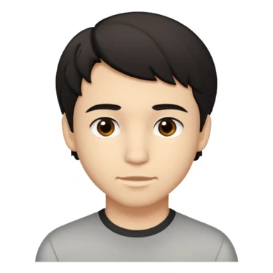 A young man with light skin tone, short wavy black hair parted to the side, large brown eyes, and a neutral expression with a small closed-mouth smile. sticker