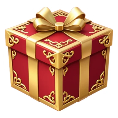 Create a highly polished, 3D game UI–style gift box with a luxurious red and gold theme. gift box ,The square box features deep crimson-red panels with ornate gold metallic trim and filigree details along the edges.  sticker