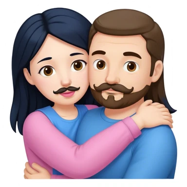 Tall white man with brown mustache goatee wearing blue hugging a chubby short pale woman with long black hair wearing pink sticker