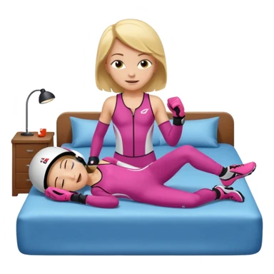 ten-year-old girl in a racing suit, racing shoes and racing gloves with no helmet, unzipped, revealing a sports bra, sleeping on a bed happily, flat-chested and prepubescent sticker