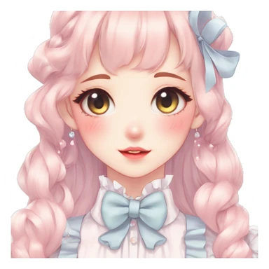 Gorgeous pastel anime style lady with blushing face and laces bow ties necklace cottagecore fairycore pastelcore colorful pearly romantic simplistic aesthetic trending style sticker
