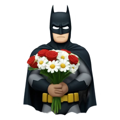 Batman holding a bouquet of white and red flowers in front of the night sky  sticker
