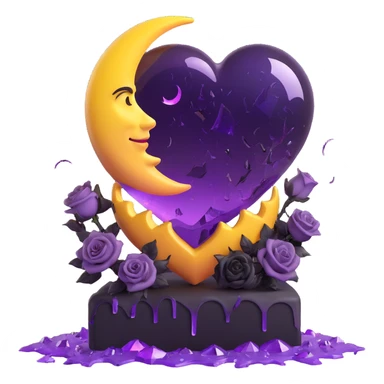 3D emoji gothic heart, purple glass, crescent moon with gemstone, black roses at the base, bold lightning, heavy rain, cracked glass with crystal shards sticker