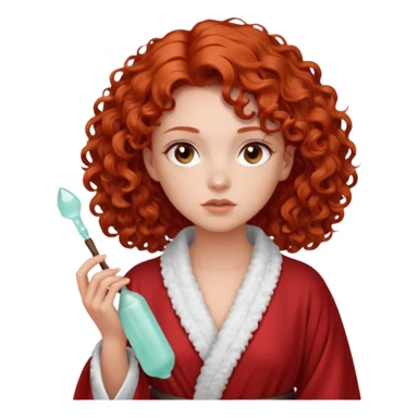 Cartoon emoji of a girl with voluminous curly red hair, fair skin, warm brown eyes. Wearing a chic milky silk robe with long sleeves, no makeup. Portrait mode, holding a gua sha, looking doubtful and unsure. Smooth, simple, stylized." sticker