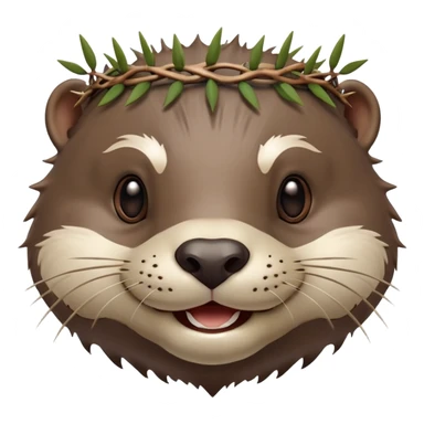 really cute smiling joyful otter face in three-quarter profile view with simple thorny stem wrapped horizontally around its forehead like Jesus Christ's Crown of thorns, no crown shape on top, just thin spiky branches circling the forehead sticker