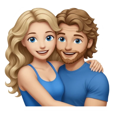 Women with blue eyes and very long, brown blond balayage curled hair in the arms of a man with strong arms a straight face, a very sexy man blue eyes. They are laughing at each other. He has short brown hair and is light skinned  sticker