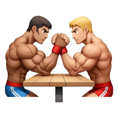 Two powerful arms locked in an intense arm wrestling competition. One arm is strong and steady, while the other strains to push back. The background shows a simple table with a focus on the clash of strength and determination. Transparent background. sticker