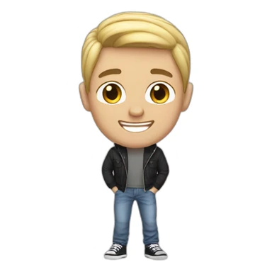 white gay man with black hair, with short light jeans and a hoddie smiling sticker