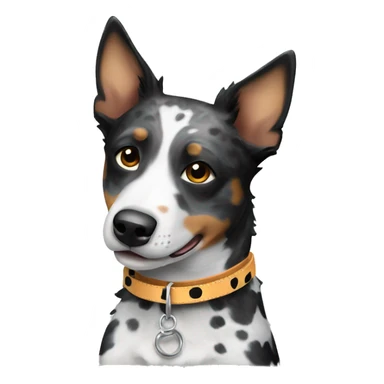 Black and white spotted Australian cattle dog with collar sticker