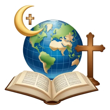 An icon featuring a Bible, The Quran, The Orthodox cross, a crescent moon, symbolizing the study of religions. The design includes diverse religious symbols and a globe, representing global beliefs and spiritual practices. Transparent background highlights the exploration of faiths and traditions. sticker