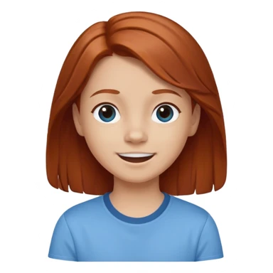 shrugging happy emoji tween long auburn hair light blue shirt with a darker blue L sticker