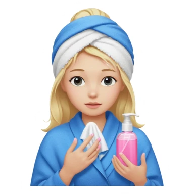 A girl grabbing a pink serum with a towel in blonde hair with a white shower towel in her hair with skincare on her face dressed in a blue sweater sticker