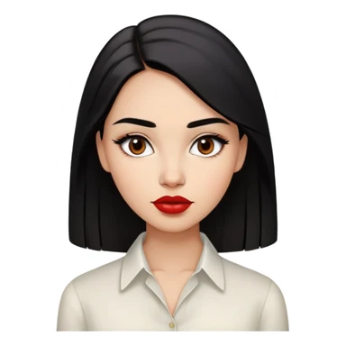 Young woman with oval face, high cheekbones, dark brown eyes, thick eyebrows, red lipstick, light brown skin, long straight black hair, wearing a white blouse sticker
