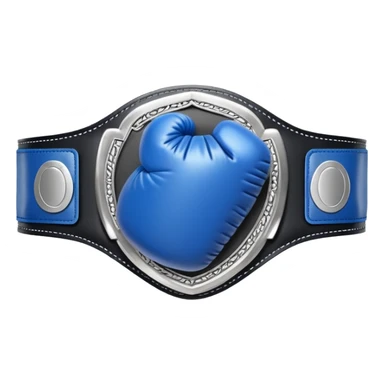 silver championship belt with a blue boxing glove in the middle sticker