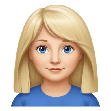 50 yr old white woman, curtain bangs, very long straight blond hair, oval face, small smile, blue eyes, slightly chubby face sticker