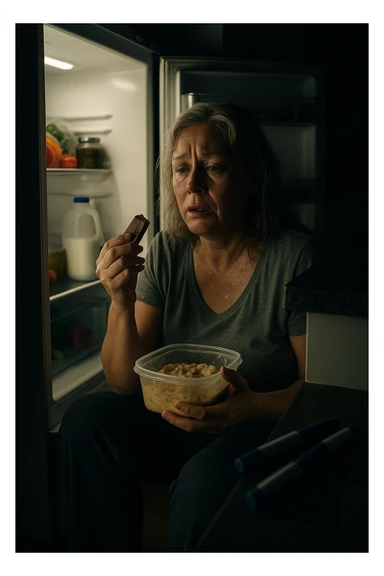 Menopausal woman binge-eating at 2AM after night sweat, fridge light illuminating insulin pens sticker