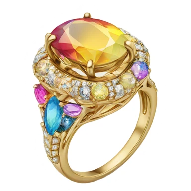 Gold engagement ring with colorful stone sticker