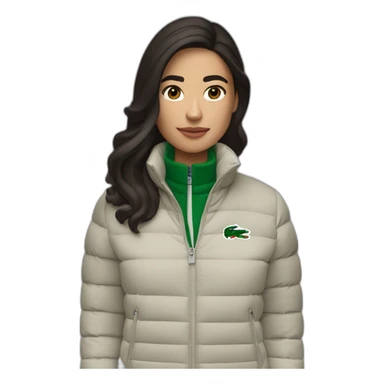 brunette latina woman using Lacoste puffer jacket sticker