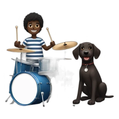Dark skin guy with slightly receiding hair. Smiling playing the drums. With a black dog with brown stripes, Labrador  for next to him  sticker