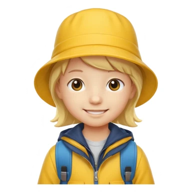 Little student wears yellow bucket hat and jacket, backpack, happy sticker