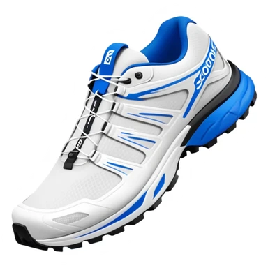 Minimalist white Salomon XT-6 shoes with only a blue colored line running through the middle, one shoe positioned behind the other, pure white everywhere else, iOS emoji style sticker