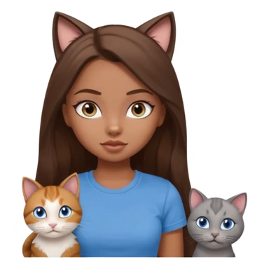 a pretty bratz dusky girl with long brown hair, blue eyes with six cats nd wearing a grey tshirt sticker