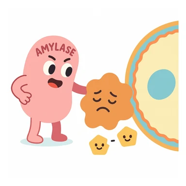 Ultra-detailed illustration of enzyme digestion: amylase breaking starch into sugars near a cell membrane. Clean white background, no text. Scientific but simple sticker