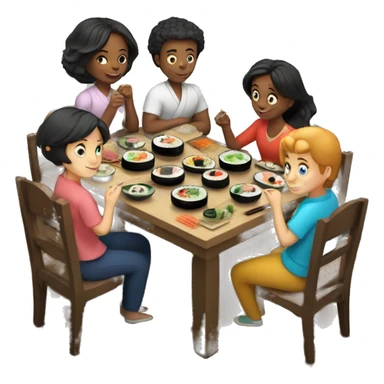 English family of 7 members eating sushi together at kitchen table sticker