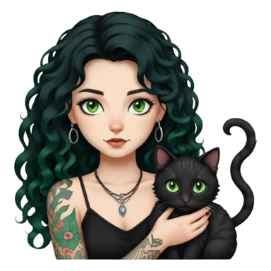 girl with long black Loose curls hair and tattoos and a light green eyes cat sticker