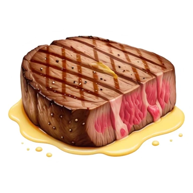 Cinematic thick-cut steak, perfectly seared with grill marks, a juicy pink center, butter melting on top, rich and savory, warm glow, sizzling and mouthwatering, highly detailed and appetizing. sticker