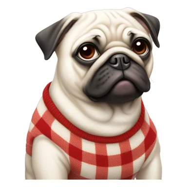 fully white pug wearing a red and white checkered sweater sticker