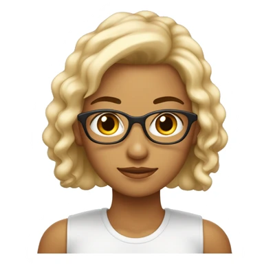 Mulher de pele branca, olhos cor de mel e cabelos cacheados de cor castanho claro, usando óculos dourado sticker