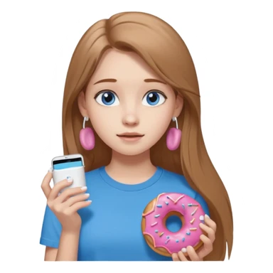 una ragazza dall‘ età di 19 anni con capelli castani chiaro lunghi e lisci ,  occhi celesti,  con addosso una maglietta con una ciambella e le cuffie airpods (bianche) ascoltando violetta sticker