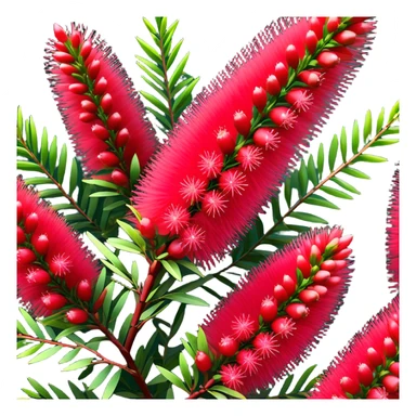 Cinematic Realistic Callistemon Emoji, Vibrant and striking, with spiky red flowers resembling a bottlebrush. The slender leaves create a fine backdrop to the bold blooms, while the plant exudes energy and vitality. Soft glowing outline, capturing the essence of strength, color, and natural beauty in a brilliant callistemon tree! sticker